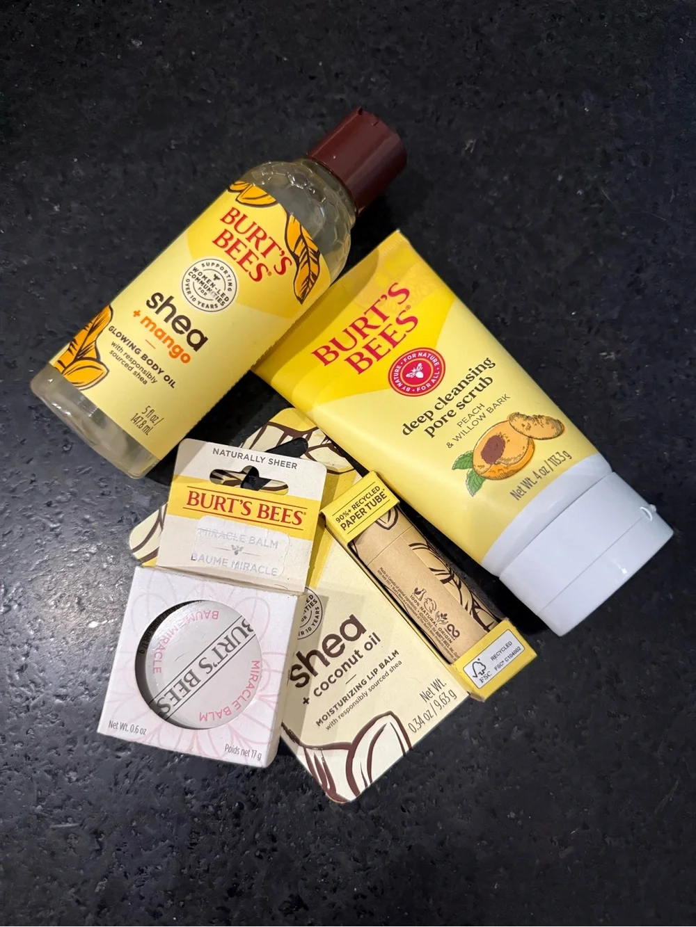NEW Burt's Bees Shea Body Oil, Peach Pore Scrub, Lip Balm & Miracle Balm SEALED